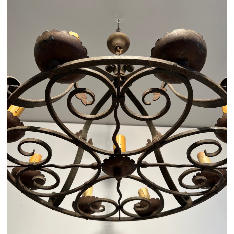 Lustre en Fer Forgé aux Trèfles à Neuf Lumières, Travail Français, Vers 1950
