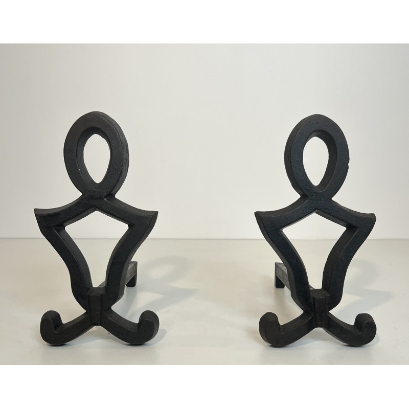 Pair of Modernist Cast Iron and Wrought Iron Andirons by Raymond Subes, French Work, Circa 1940
