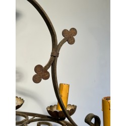 Nine-Light Clover Wrought Iron Chandelier, French Work, Circa 1950
