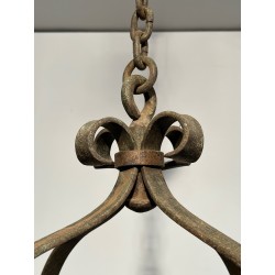 Nine-Light Clover Wrought Iron Chandelier, French Work, Circa 1950