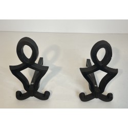 Pair of Modernist Cast Iron and Wrought Iron Andirons by Raymond Subes, French Work, Circa 1940
