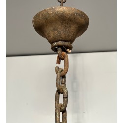 Lustre en Fer Forgé aux Trèfles à Neuf Lumières, Travail Français, Vers 1950