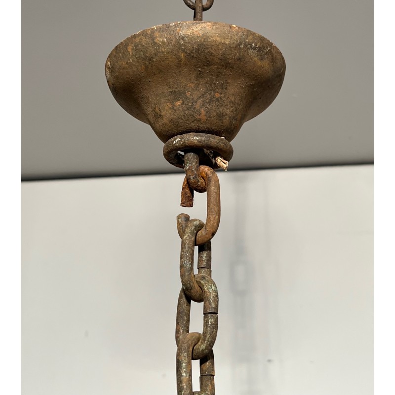 Lustre en Fer Forgé aux Trèfles à Neuf Lumières, Travail Français, Vers 1950