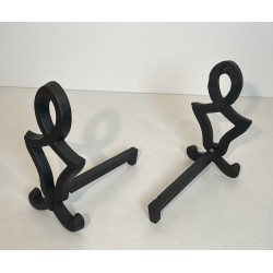 Pair of Modernist Cast Iron and Wrought Iron Andirons by Raymond Subes, French Work, Circa 1940