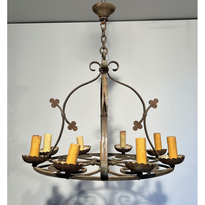 Lustre en Fer Forgé aux Trèfles à Neuf Lumières, Travail Français, Vers 1950