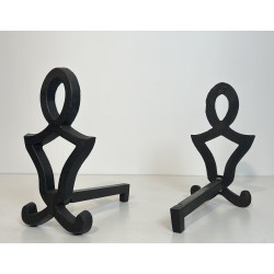 Pair of Modernist Cast Iron and Wrought Iron Andirons by Raymond Subes, French Work, Circa 1940