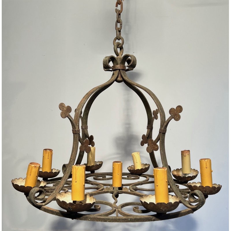Nine-Light Clover Wrought Iron Chandelier, French Work, Circa 1950