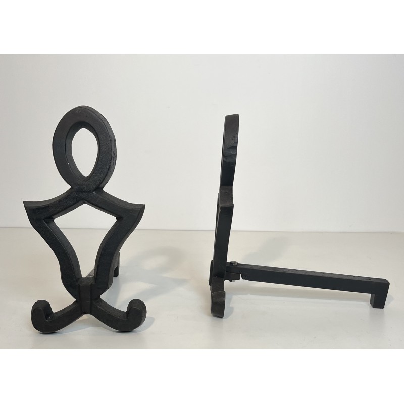 Pair of Modernist Cast Iron and Wrought Iron Andirons by Raymond Subes, French Work, Circa 1940