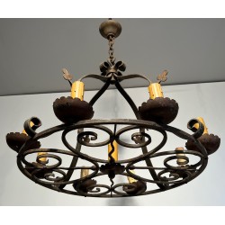 Lustre en Fer Forgé aux Trèfles à Neuf Lumières, Travail Français, Vers 1950