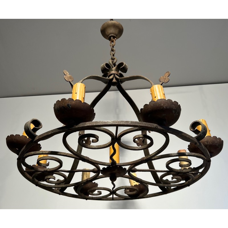 Nine-Light Clover Wrought Iron Chandelier, French Work, Circa 1950