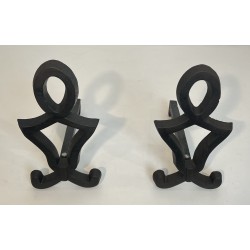 Pair of Modernist Cast Iron and Wrought Iron Andirons by Raymond Subes, French Work, Circa 1940