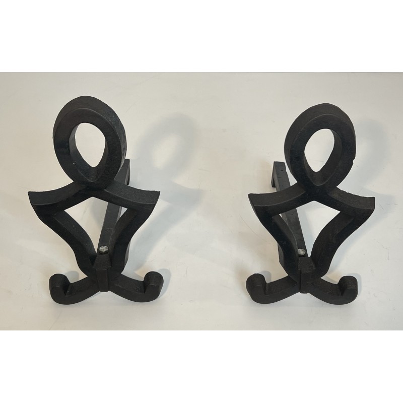 Pair of Modernist Cast Iron and Wrought Iron Andirons by Raymond Subes, French Work, Circa 1940
