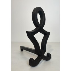 Pair of Modernist Cast Iron and Wrought Iron Andirons by Raymond Subes, French Work, Circa 1940