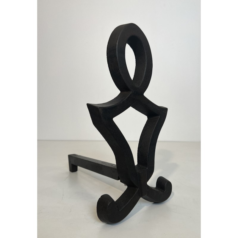Pair of Modernist Cast Iron and Wrought Iron Andirons by Raymond Subes, French Work, Circa 1940