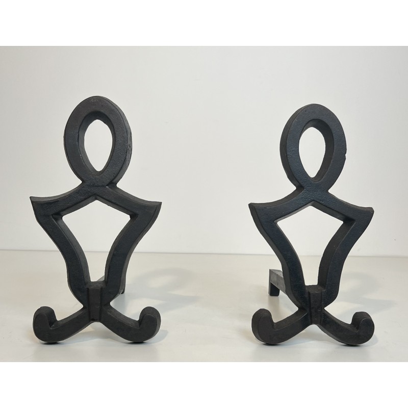 Pair of Modernist Cast Iron and Wrought Iron Andirons by Raymond Subes, French Work, Circa 1940