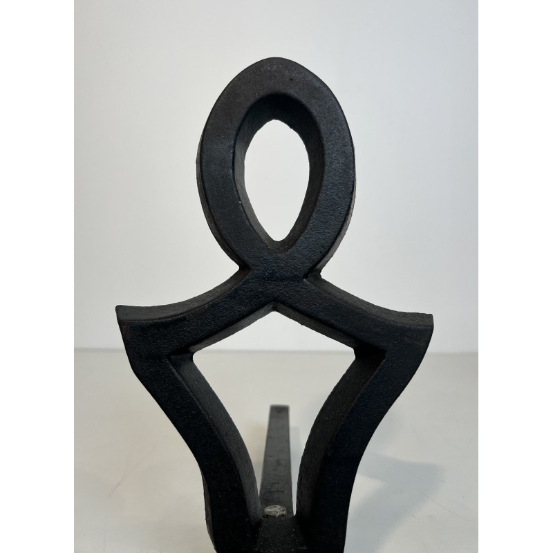 Pair of Modernist Cast Iron and Wrought Iron Andirons by Raymond Subes, French Work, Circa 1940