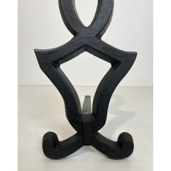 Pair of Modernist Cast Iron and Wrought Iron Andirons by Raymond Subes, French Work, Circa 1940