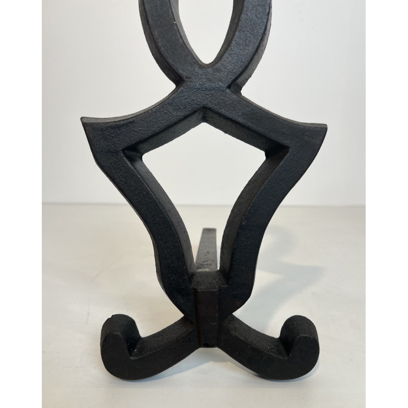 Pair of Modernist Cast Iron and Wrought Iron Andirons by Raymond Subes, French Work, Circa 1940