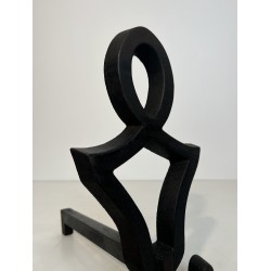 Pair of Modernist Cast Iron and Wrought Iron Andirons by Raymond Subes, French Work, Circa 1940