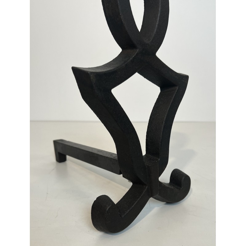 Pair of Modernist Cast Iron and Wrought Iron Andirons by Raymond Subes, French Work, Circa 1940