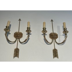 Pair of Empire Bronze Arrow Wall Sconces, Sun King Effigy, by Lucien Gau | circa 1950