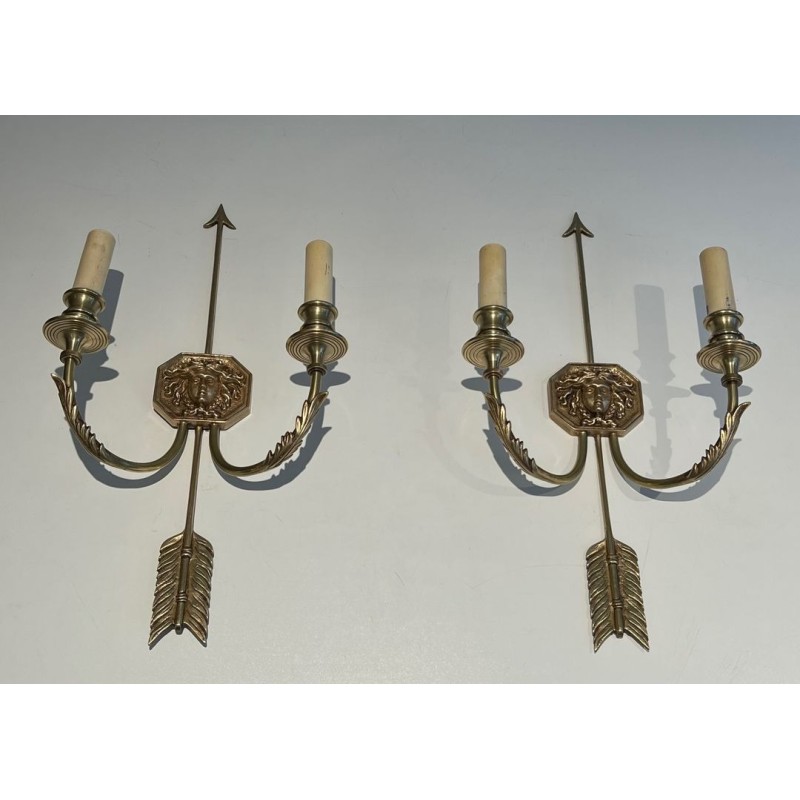 Paire d'Appliques Bronze Empire aux Flèches, Effigie Roi Soleil, Lucien Gau | vers 1950