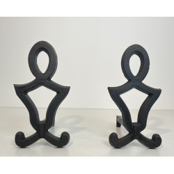 Pair of Modernist Cast Iron and Wrought Iron Andirons by Raymond Subes, French Work, Circa 1940