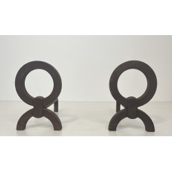 Pair of Modernist Wrought Iron Andirons, in the Style of Jacques Adnet, French Work, Circa 1950