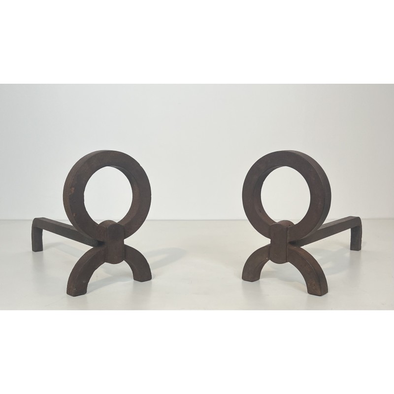 Pair of Modernist Wrought Iron Andirons, in the Style of Jacques Adnet, French Work, Circa 1950