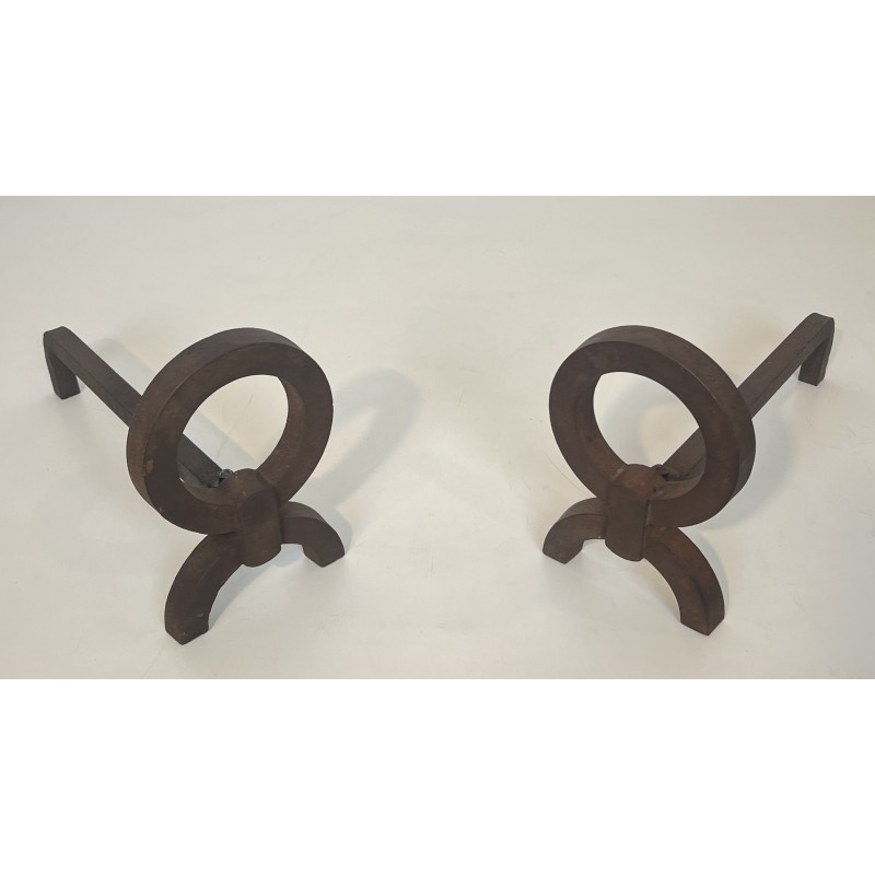 Paire de Chenets Modernistes en Fer Forgé, dans le Goût de Jacques Adnet, Travail Français, Vers 1950