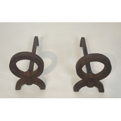 Paire de Chenets Modernistes en Fer Forgé, dans le Goût de Jacques Adnet, Travail Français, Vers 1950