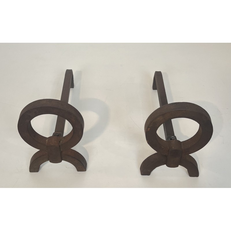 Pair of Modernist Wrought Iron Andirons, in the Style of Jacques Adnet, French Work, Circa 1950