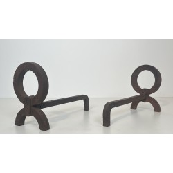 Pair of Modernist Wrought Iron Andirons, in the Style of Jacques Adnet, French Work, Circa 1950