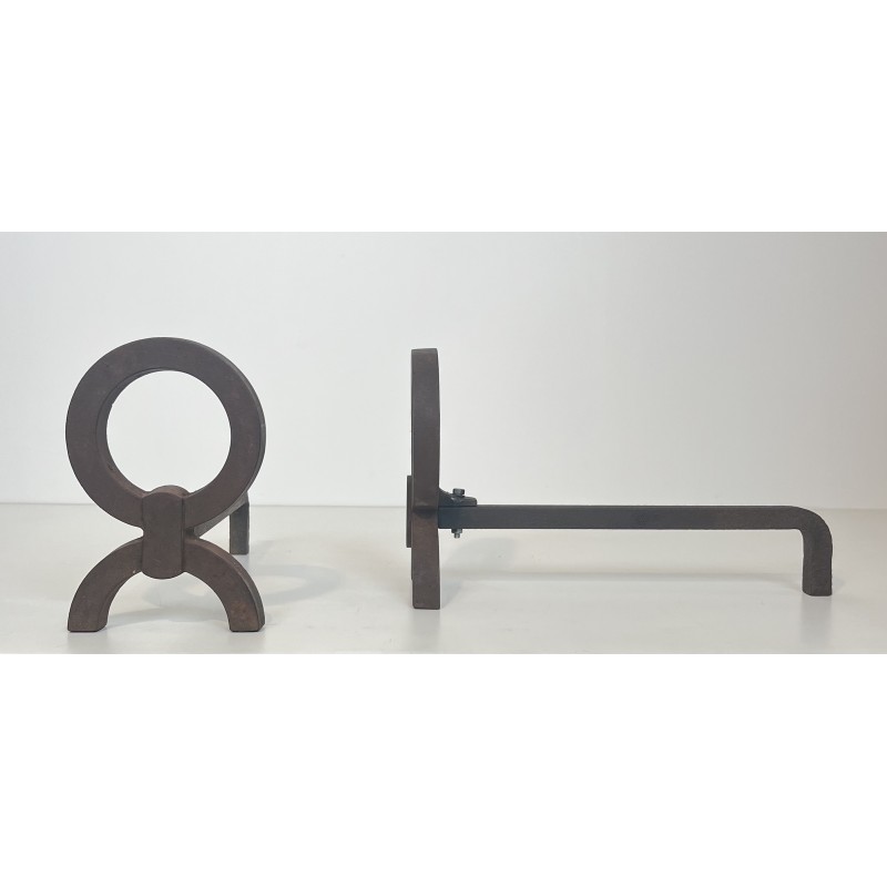 Paire de Chenets Modernistes en Fer Forgé, dans le Goût de Jacques Adnet, Travail Français, Vers 1950