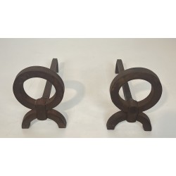 Paire de Chenets Modernistes en Fer Forgé, dans le Goût de Jacques Adnet, Travail Français, Vers 1950
