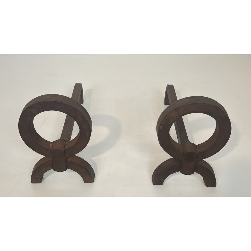 Paire de Chenets Modernistes en Fer Forgé, dans le Goût de Jacques Adnet, Travail Français, Vers 1950