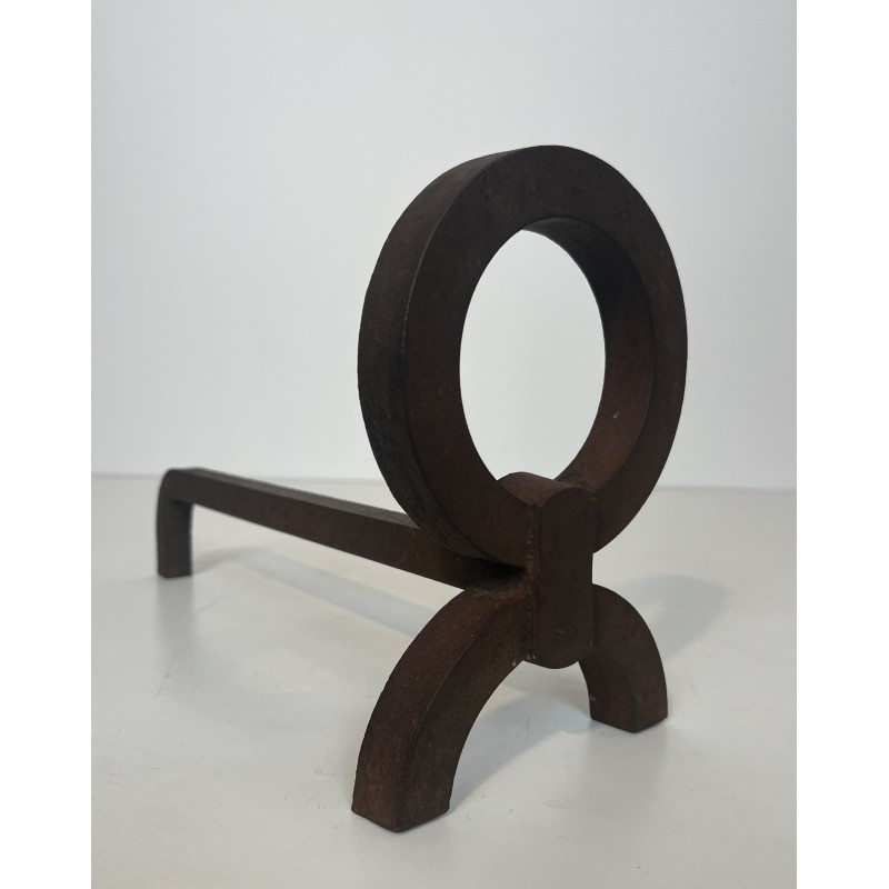 Pair of Modernist Wrought Iron Andirons, in the Style of Jacques Adnet, French Work, Circa 1950
