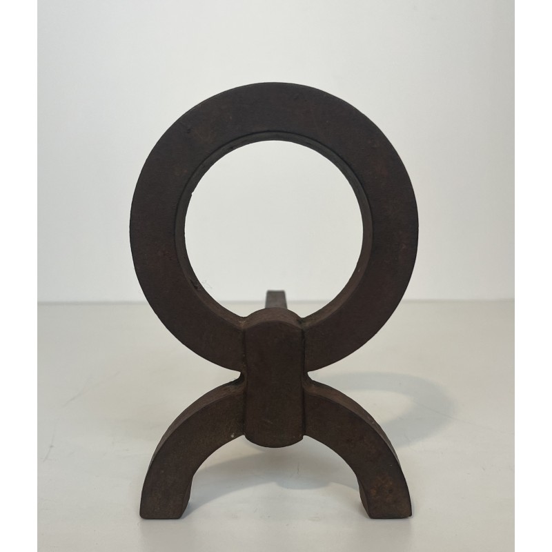 Pair of Modernist Wrought Iron Andirons, in the Style of Jacques Adnet, French Work, Circa 1950