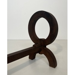 Paire de Chenets Modernistes en Fer Forgé, dans le Goût de Jacques Adnet, Travail Français, Vers 1950