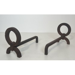 Pair of Modernist Wrought Iron Andirons, in the Style of Jacques Adnet, French Work, Circa 1950