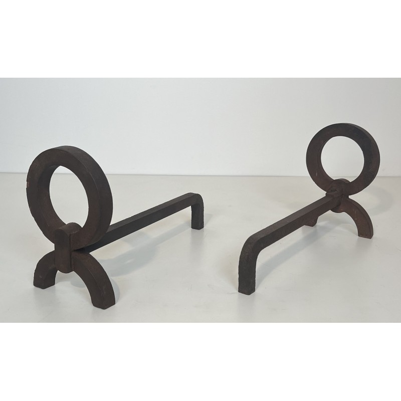 Pair of Modernist Wrought Iron Andirons, in the Style of Jacques Adnet, French Work, Circa 1950