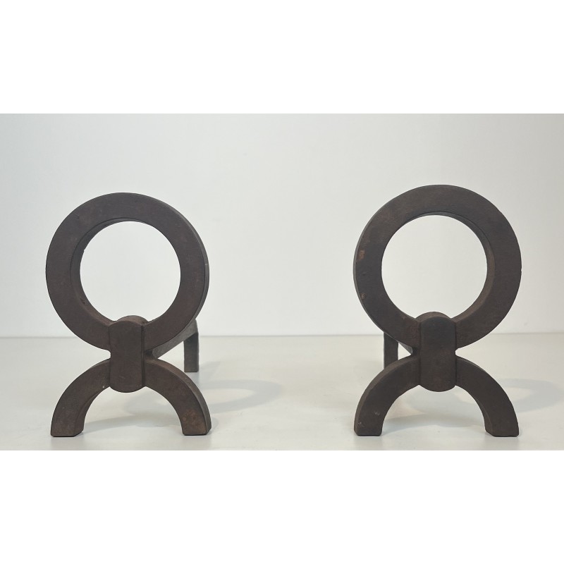 Pair of Modernist Wrought Iron Andirons, in the Style of Jacques Adnet, French Work, Circa 1950