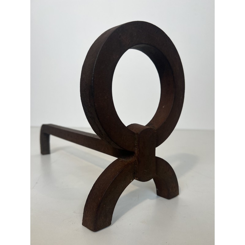 Pair of Modernist Wrought Iron Andirons, in the Style of Jacques Adnet, French Work, Circa 1950