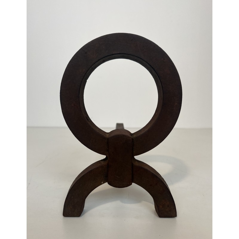 Pair of Modernist Wrought Iron Andirons, in the Style of Jacques Adnet, French Work, Circa 1950