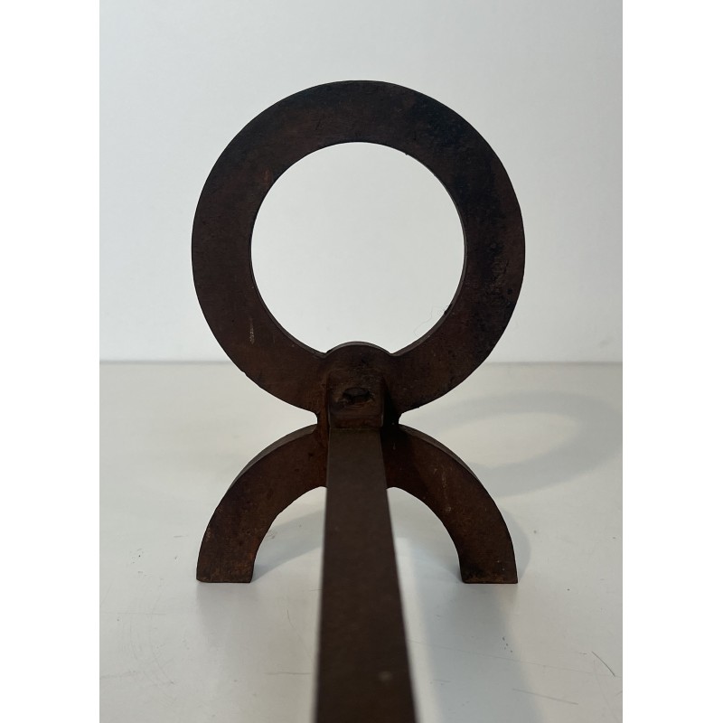 Paire de Chenets Modernistes en Fer Forgé, dans le Goût de Jacques Adnet, Travail Français, Vers 1950