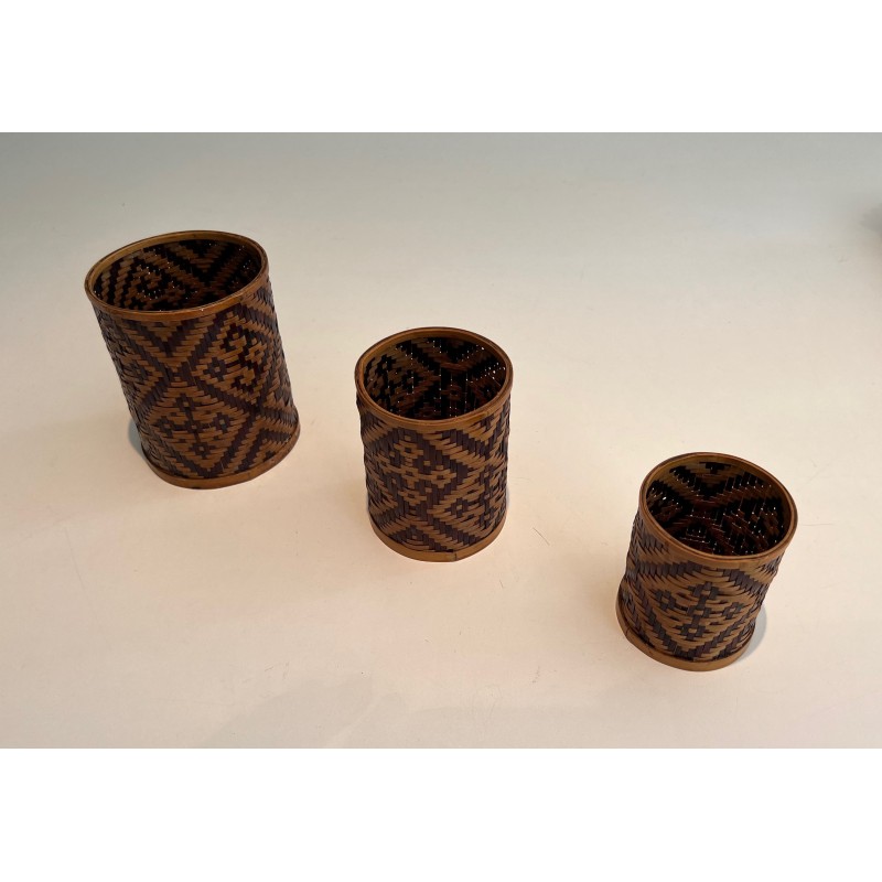 Set of Three Nesting Straw Marquetry Pen Pots, French Work, Circa 1930