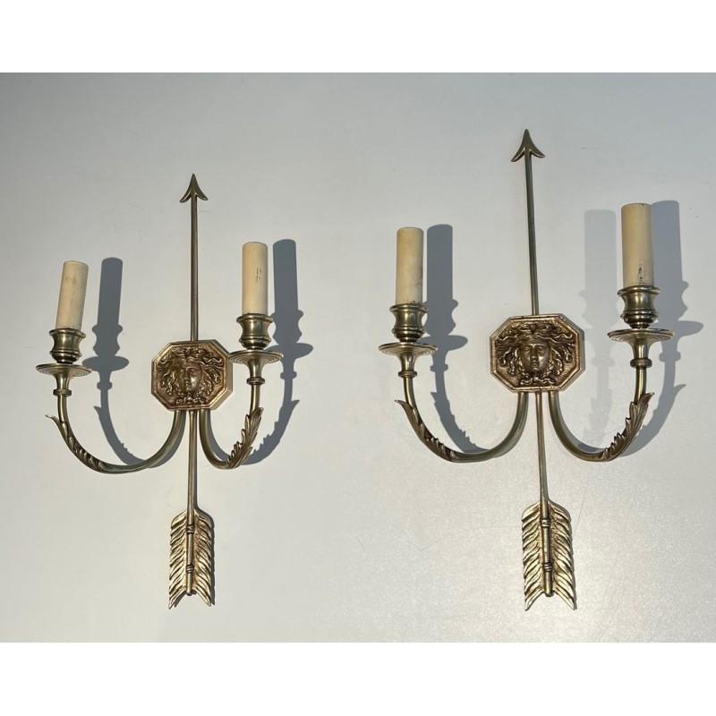 Paire d'Appliques Bronze Empire aux Flèches, Effigie Roi Soleil, Lucien Gau | vers 1950