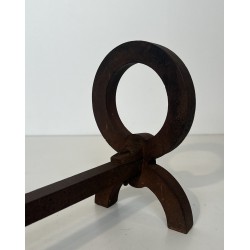 Paire de Chenets Modernistes en Fer Forgé, dans le Goût de Jacques Adnet, Travail Français, Vers 1950