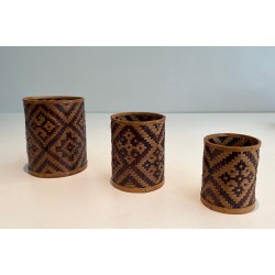 Set of Three Nesting Straw Marquetry Pen Pots, French Work, Circa 1930