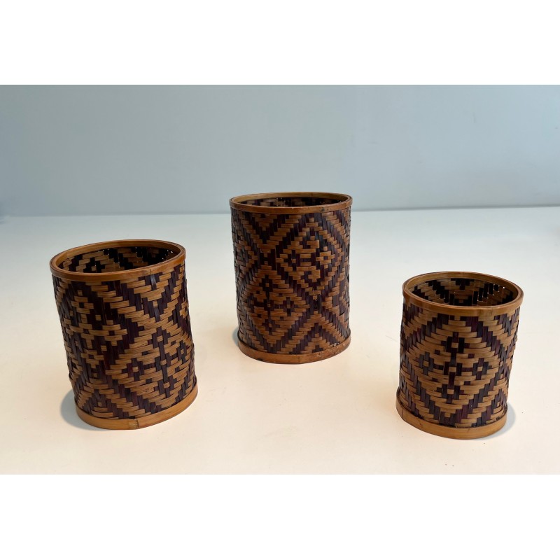 Set of Three Nesting Straw Marquetry Pen Pots, French Work, Circa 1930